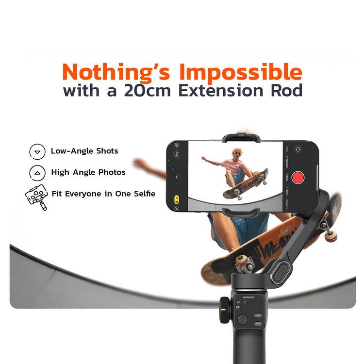 Porodo Velocam 3-Axis Gimbal Stabilizer with 6 Shooting Modes, Up to 10 Hours Working Time, USB-C Charging Port, 20cm Extension Rod, 2×800mAh Batteries, Foldable Design, Smart Face Tracking, Focus Control Wheel - Black