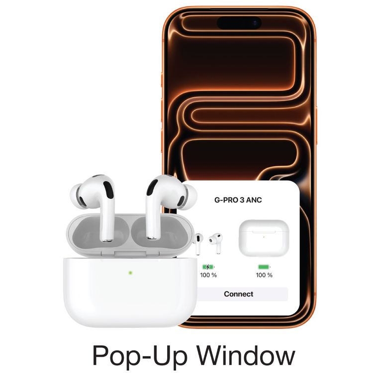 Green Lion Earbuds Pro 3 with ANC, Noise Control, Touch Control, Pop-Up Window, Case Included, Built-in Microphone, 20 Hours Playtime, 25m Transmission Range, Bluetooth Version 5.4 - White 