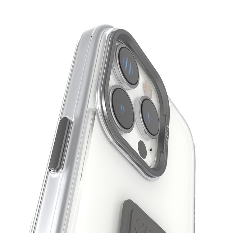 Levelo Morphix Clara Case for iPhone 16 Pro, Hybrid Material, Impact-Resistant Corners, Built-in Leather Grip, Metal Camera Ring - Gray