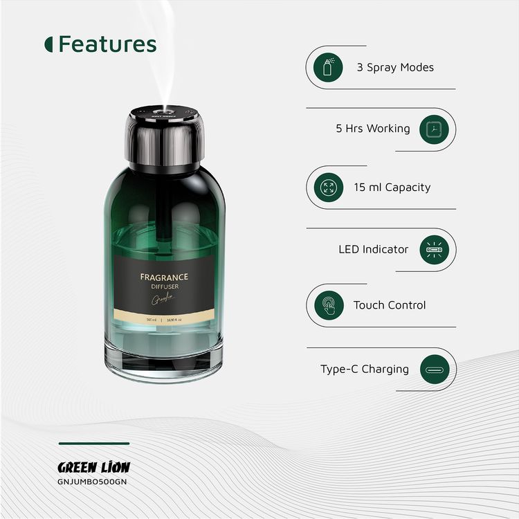 Green Lion Jumbo Fragrance Diffuser with Agilawood  Fragrance, 500mL Oil Capacity, 300mAh Battery Capacity, 3 Spray Modes, Type-C Charging Port, 1.5 Hours Charging Time, 4-5 Hours Working Time, Touch Control - Green