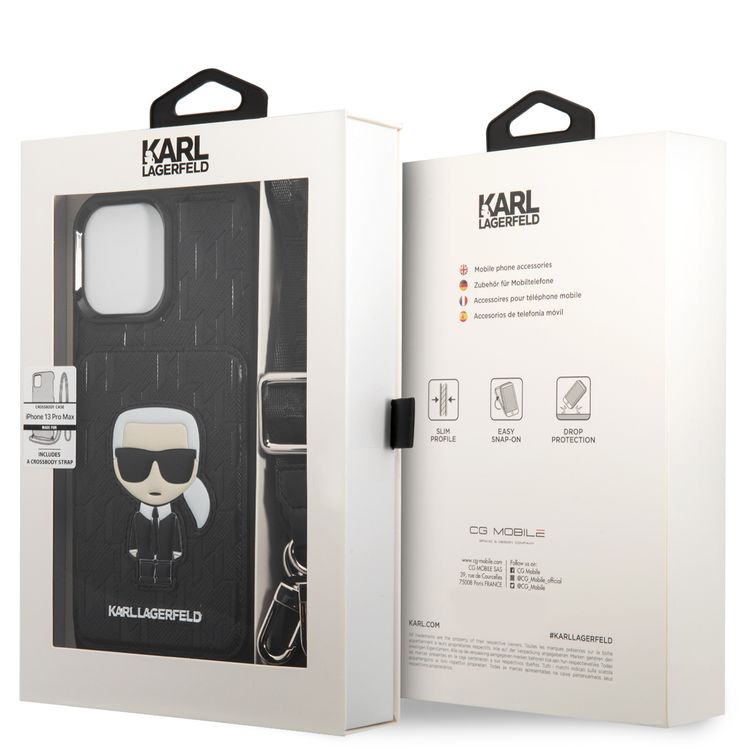 Karl Lagerfeld HC Monogram Case with Card Holder & Ikonik Patch Logo, Compatible with iPhone 13 Pro Max - Black