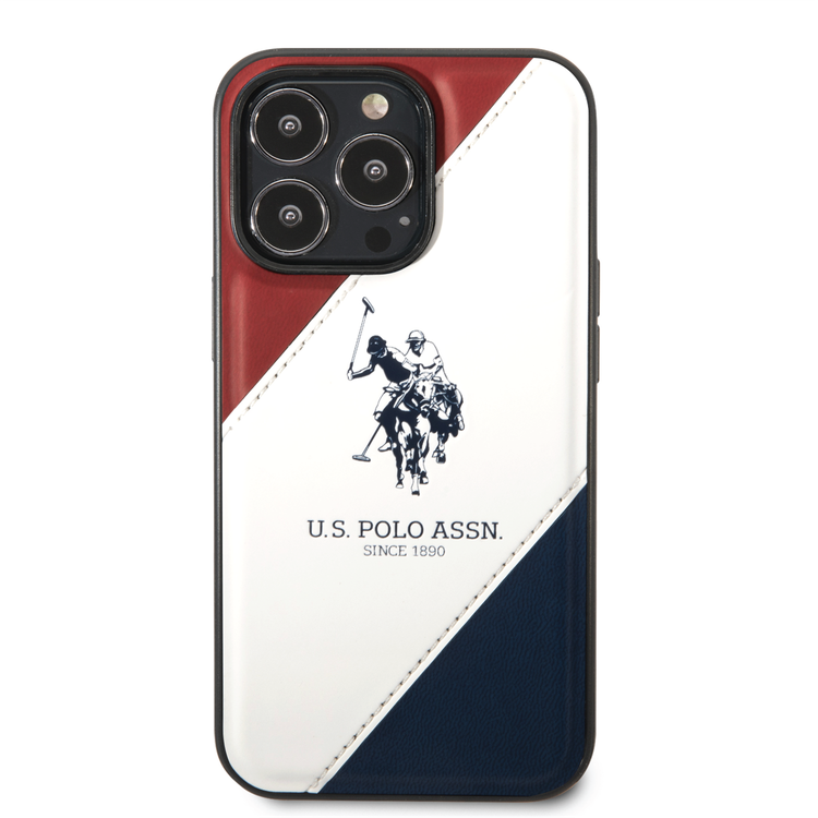 USPA PU Leather Case with Embossed Double Line & Horse Logo iPhone 14 Pro Max Compatibility - Red/White/Navy