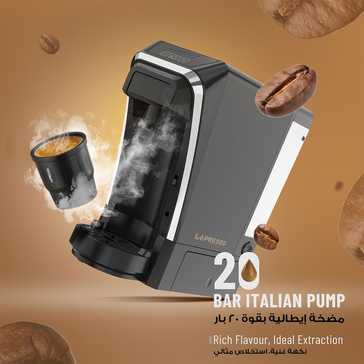 LePresso Multifunctional Coffee Machine with Italian Pump, Patented Design, Tea Leaves Brewer, 20 Bar Pump, 1400W Power - Black