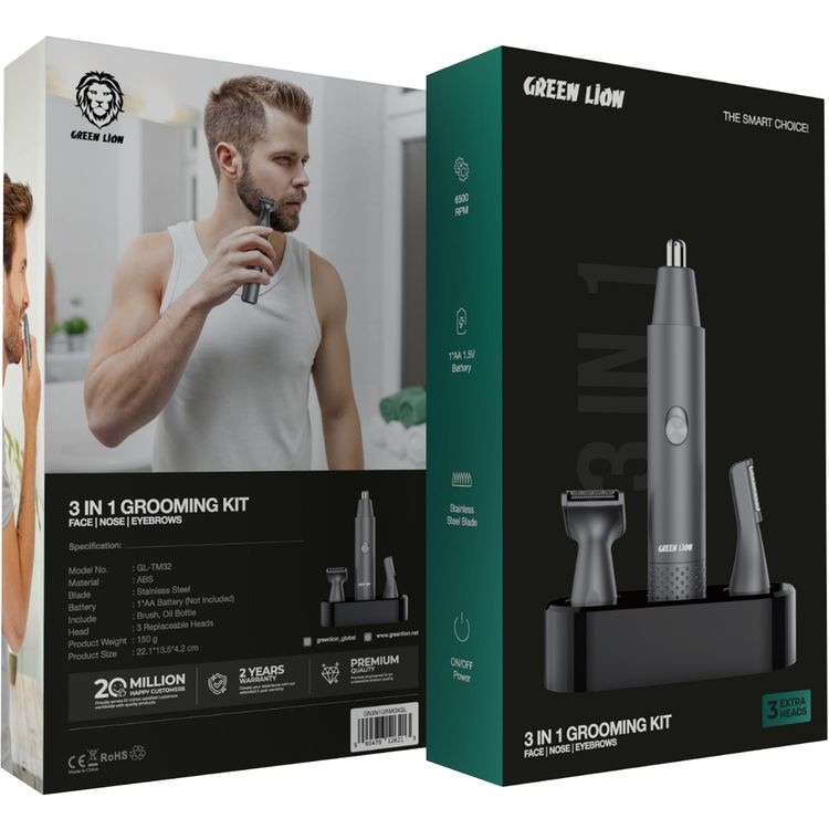 Green Lion 3-in-1 Grooming Kit with 3 Replaceable Heads, 6500RPM Motor Speed, Stainless Steel Blade Material, Suitable for Face, Nose & Eyebrows, Brush & Oil Bottle Included - Silver