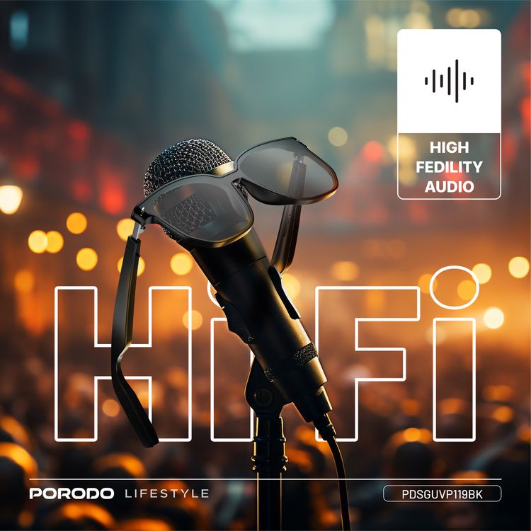 Porodo Lifestyle Optix Smart Glasses with Audio, Built-in Microphone, 6 Hours Playtime, Type-C Charging Interface, UV400 Protection, Bluetooth Version 5.3, 10m Transmission Range, 2x 110mAh Battery Capacity, Touch Control, Dual Stereo Speakers, Hi-Fi Sound Quality - Black