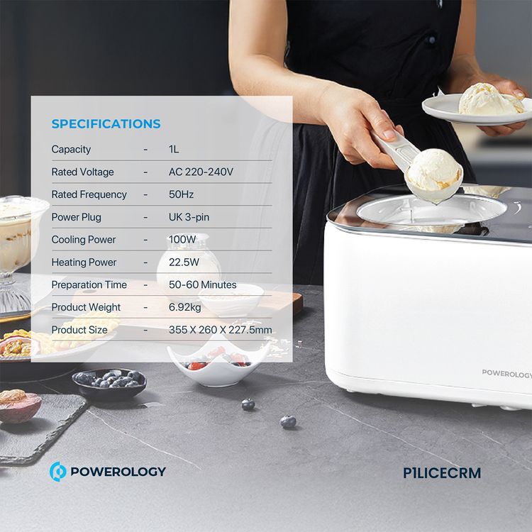 Powerology Ice Cream & Frozen Yogurt Machine with 4 Mixing Modes, 1L Capacity, 50 to 60 Minutes Preparation Time, Low-Noise Operation, 100W Cooling Power - White