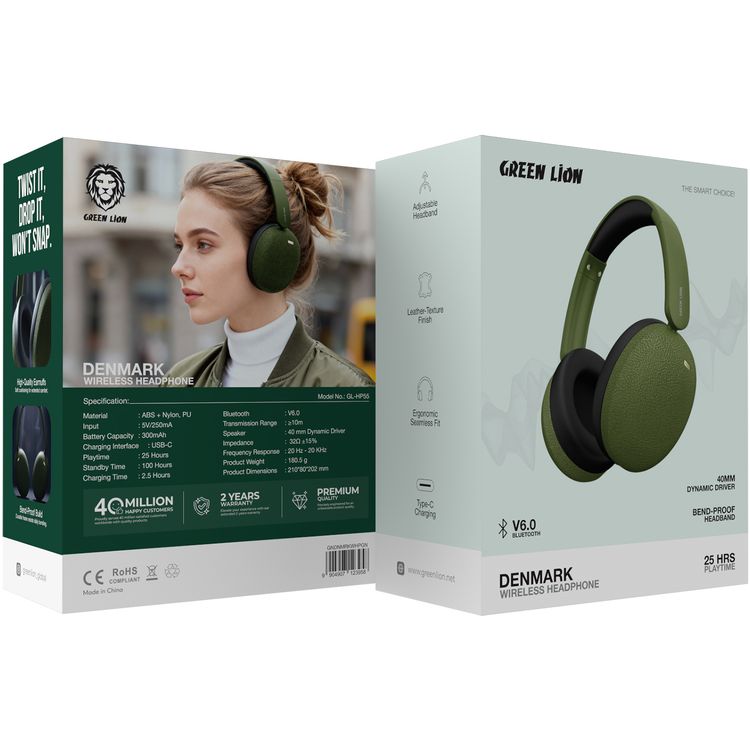 Green Lion Denmark Wireless Headphone with 25 Hours Play Time, Bluetooth Version 6.0, 40mm Dynamic Driver, Bend-Proof Build, Adjustable Headband, Leather-Texture Finish, Ergonomic Seamless Fit, Type-C Charging, High-Quality Earmuffs - Green