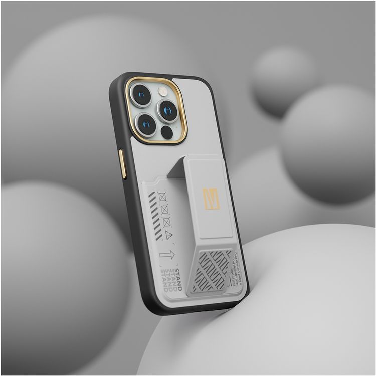 Levelo Morphix Cuero Gripstand Case for iPhone 15 Pro with Cardholder, Multi-Positioning Modes, PU Leather Material, Shock-Proof Edges - Grey