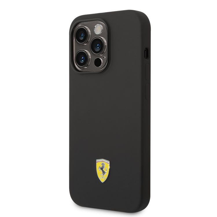 CG Ferrari Magsafe Compatibility Liquid Silicone Case with Metal Yellow Logo Shield iPhone 14 Pro Max Compatibility - Black