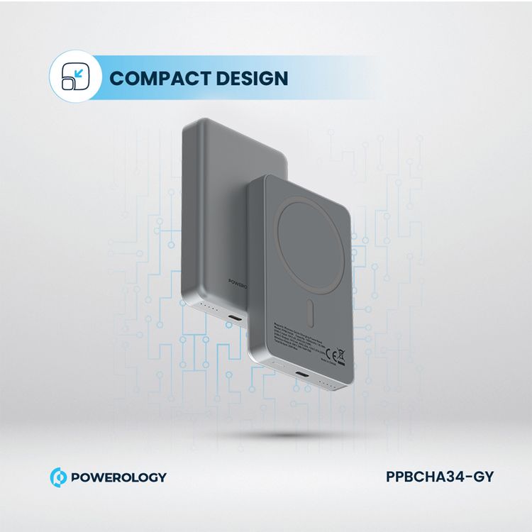 Powerology 10000mAh MagSafe Aluminum Power Bank with Battery Level Indicator, Lightweight & Compact Design, Fast & Simultaneous Charging, Type-C Input & Output, 15W Wireless Output - Gray