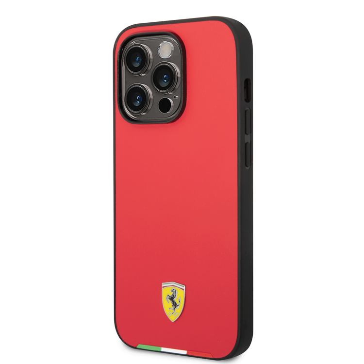 CG Ferrari Magsafe Compatibility Hard PU Smooth Case with Italian Flag Line & Metal Logo iPhone 14 Pro Compatibility - Red