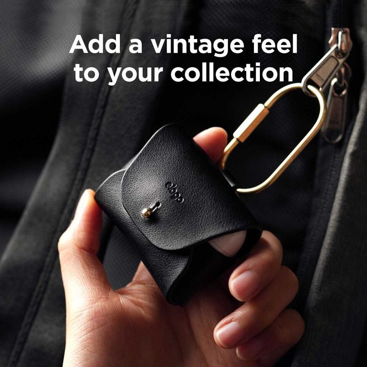 Elago Genuine Leather Case Compatible w/ Apple Airpods Pro, Vintage Design, Supports Wireless Charging, Brass Ring Holder, Anti-Slip, Shock Proof, Bring as Keychain - Jean Indigo