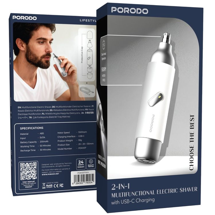 Porodo 2-in-1 Multifunctional Electric Shaver, 50 Minutes Working Time, 5500RPM Motor Speed, Quiet Operation, Built-in Light Function, Powerful Motor, 200mAh Battery, USB-C Charging Port - White