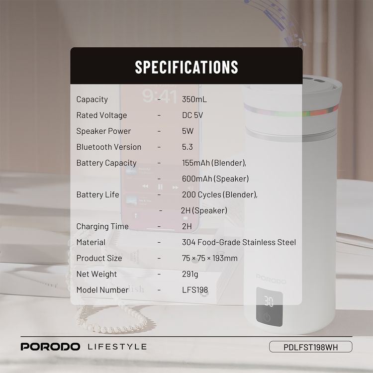 Porodo Fluxmix 350mL Stirring Cup with Speaker, LED Temperature Display, 200 Cycles Blender Battery Life, 2 Hours Speaker Battery Life, 5W Speaker Power, Bluetooth Version 5.3, 155mAh Blender Battery Capacity, 600mAh Speaker Battery Capacity, Touch Control, 304 Stainless Steel Material - White
