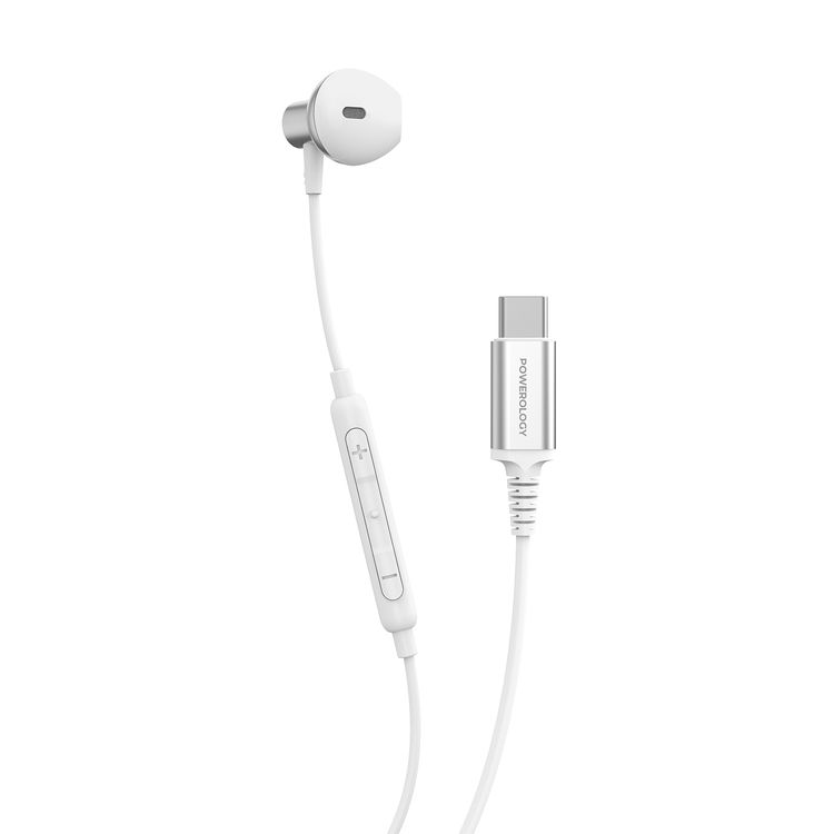 Powerology Type-C Mono Earphone with 5mW Max Power, 1.2m Cable Length, 32Ω Impedance, 14.2mm Driver Size, 110dB Sensitivity, Control Button, HD Sound Clarity - White