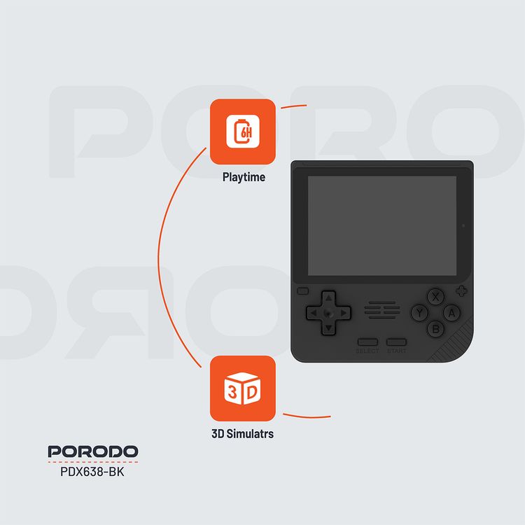 وحدة تحكم ألعاب Porodo Gaming Retro Arcade، محاكي ثلاثي الأبعاد، تصميم مريح، تشغيل صوتي غامر، شاشة IPS مقاس 3.5 بوصة، عمر بطارية 6 ساعات، بطارية 3000 مللي أمبير في الساعة - أسود