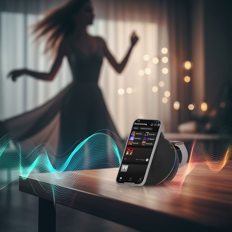 Levelo Aira 2-in-1 Wireless Charger with Built-in 10W Speaker, Shock-Absorbing Bottom Pad, Dual-Frequency Bionic Cavity, Ambient Glow Light, Qi2.2 Technology, Integrated Sound, N52 Strong Magnets, 10m Transmittance Distance, Compact Sphere Design, Impressive Sound - Black