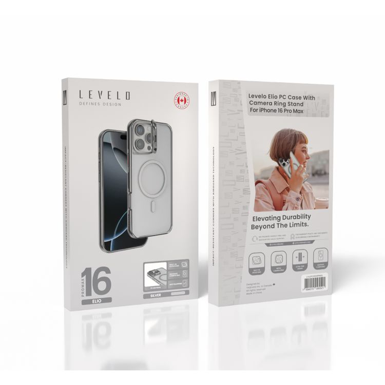 Levelo Elio PC Case with Camera Ring Stand for iPhone 16 Pro Max, Built-in Kickstand, MagSafe Compatible - Silver 