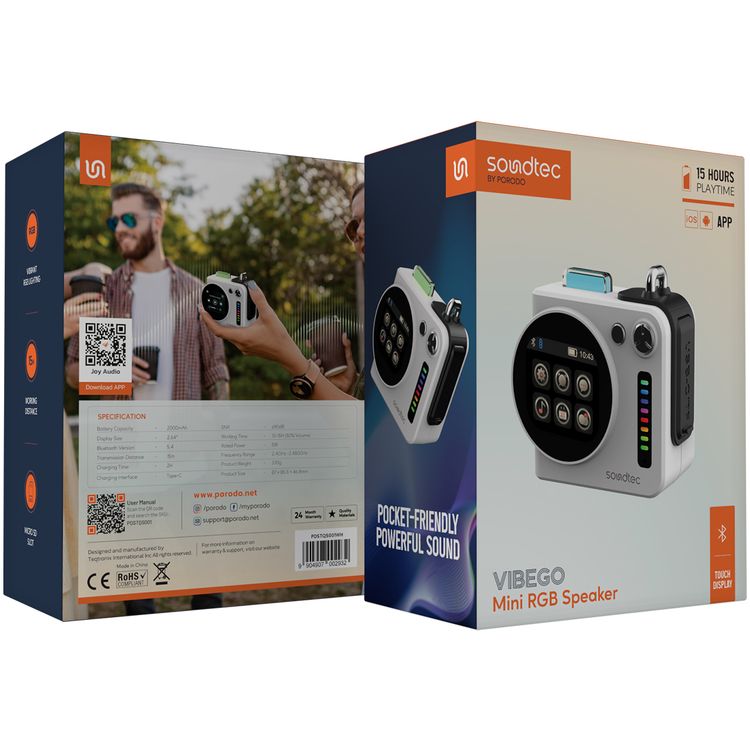 Porodo Vibego Mini RGB Speaker with Bluetooth Version 5.4, Touch Control Display, 15 Hours Play Time, Type-C Charging Port, 2000mAh Battery Capacity, 2 Hours Charging Time, Micro SD Slots, Vibrant RGB Lighting - White