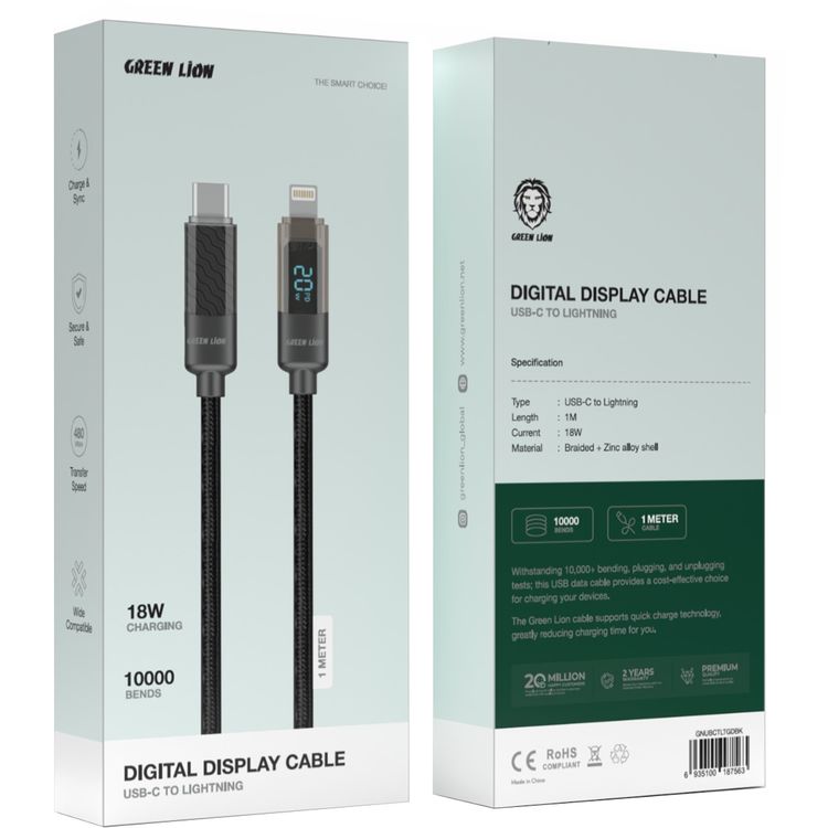 Green Lion USB-C to Lightning Cable with Digital Display, 18W Power Output, 1m Cable Length, More than 10,000 Bends Lifespan, Braided Cable & Zinc Alloy Shell - Black