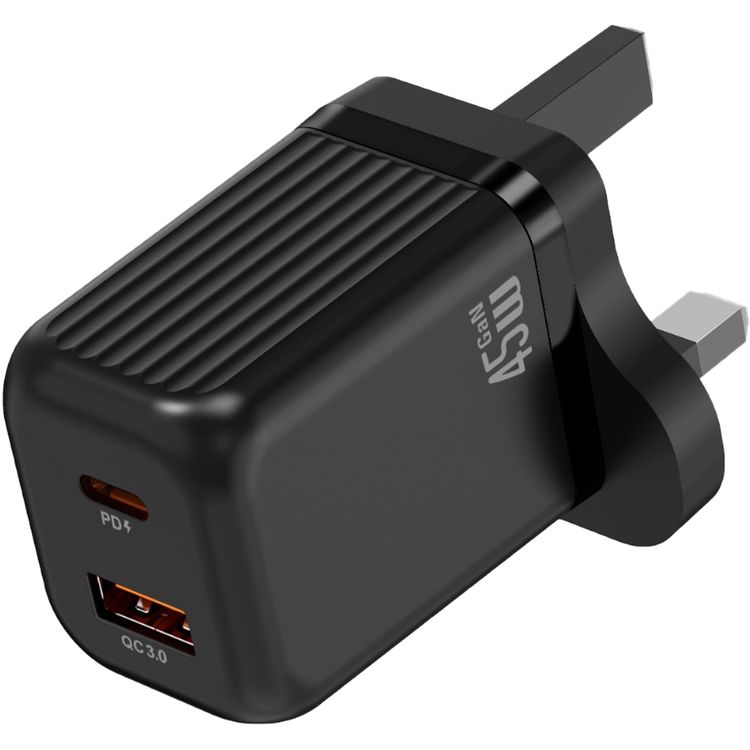 Green Lion Ultra Compact GaN Wall Charger with PD 45W, QC 18W, USB-A & USB-C Ports, 3-Pin UK Plug, PC Flame Retardant Material, Charging Protection, GaNStorm Technology - Black