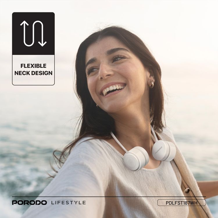 مروحة العنق بدون شفرات Porodo AirFlex مع 3 مستويات سرعة، مع وقت عمل يصل إلى 5 ساعات، بطارية بسعة 1600 مللي أمبير، واجهة شحن USB-C، مادة لطيفة على الجلد، تصميم رقبة مرن - أبيض