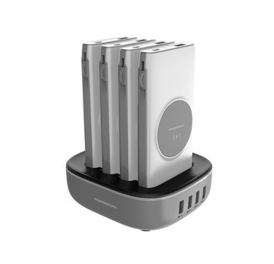 Powerology 4-in-1 10000mAh Power Bank Station with Built-in Lightning/Type-C Cable, 20W Power Delivery, 15W Maximum Wireless Output, UK 3-Pin Power Plug - White