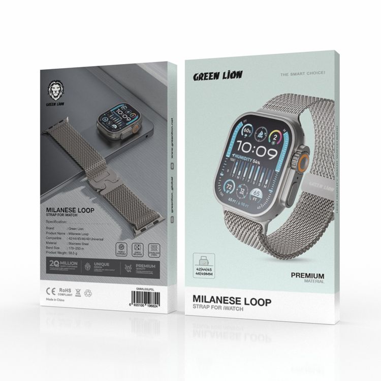 Green Lion Milanese Loop Strap for iWatch 42/44/45/46/49 mm with Stainless Steel Material, Quick Release, Adjustable Length - Silver