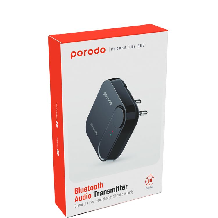 Porodo Wireless Bluetooth Audio Transmitter with Single & Dual Jacks, 8 Hours Working Time, 240mAh Battery Capacity, Dual Pairing, Bluetooth Version 5.0, Low Latency , 7m Bluetooth Range - Black