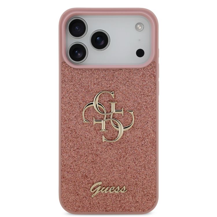 غطاء PU Glitter Case مع شعار معدني كبير 4G لهاتف iPhone 17 Pro Max، حماية من الصدمات، تصميم نحيف وخفيف الوزن، سهل التركيب، تغليف مستدام، قبضة مريحة - زهري
