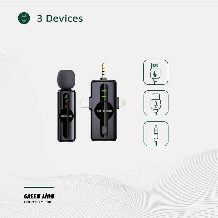 ميكروفون Green Lion GM-79X بمزايا إلغاء الضوضاء بثلاث مستويات، ووقت عمل يصل إلى 5 ساعات، وتأخير أقل من 30 مللي ثانية، ميكروفون واحد، موصلات Type-C وAUX وLightning - اللون الأسود.