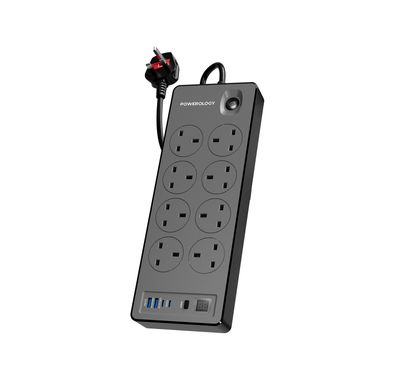 Powerology 2990W Power Strip with 8 AC Sockets, Dual USB-C & Dual USB-A Ports, UK 3-Pin Plug with 2m Length, Up to 99 Hours Timer Function, Digital Display - Black