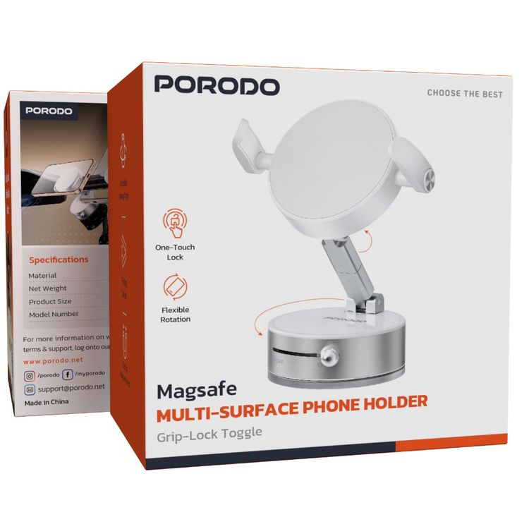 Porodo MagSafe Multi-Surface Phone Holder with Grip-Lock Toggle, Flexible Rotation, Aluminium Alloy & Zinc Alloy & ABS Material, Foldable Design, Strong Magnetic Hold - White