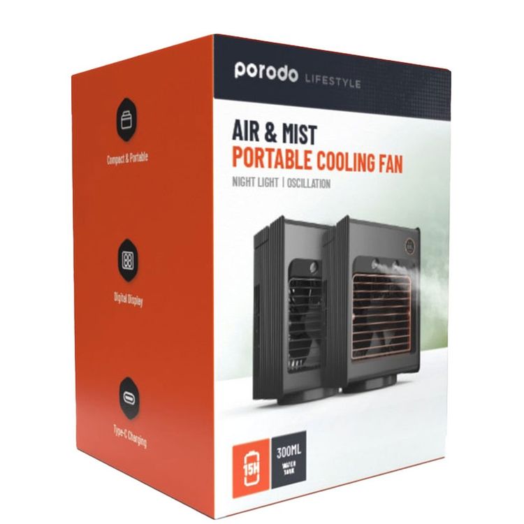 Porodo Lifestyle Air & Mist Portable Cooling Fan with Night Light and Oscillation, 4000mAh Battery Capacity,  Digital Display, Compact & Portable, Dual Mist Outlet, Type-C Charging Port, Ice Cube Tray Included - Black