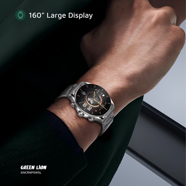 Green Lion Chrono Pro Smart Watch, Full-View Touch Display, Voice Recording, Call & Social Notifications, Rotary Encoder Button - Silver