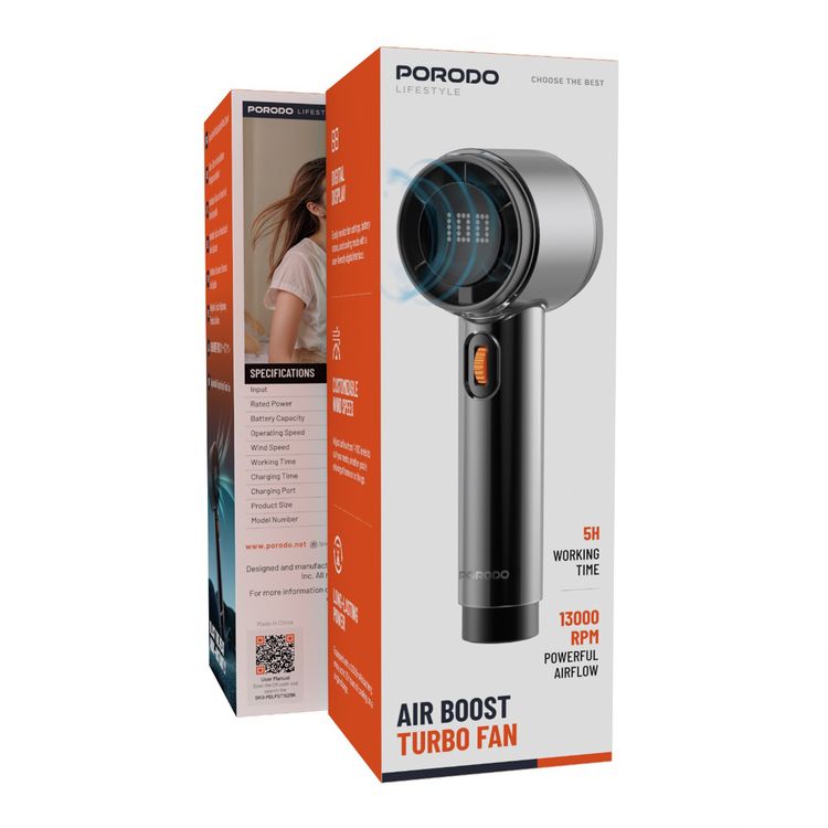 Porodo Lifestyle Air Boost Turbo Fan with 100-Level Wind Speed Adjustment, 13000RPM Operating Speed, 3000mAh Battery Capacity, Long-Lasting Power, Digital Display - Black