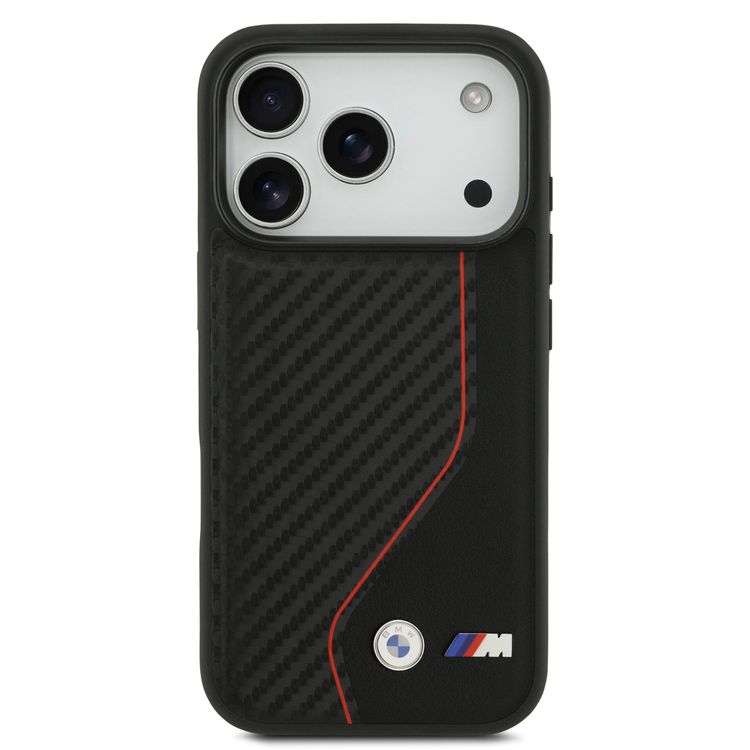 BMW PU Leather & Carbon Case with Colored Line Stitch for iPhone 17 Pro, Drop Protection, MagSafe Compatible, Sustainable Packaging, Easy Snap-On Design, Slim Profile - Black / Red