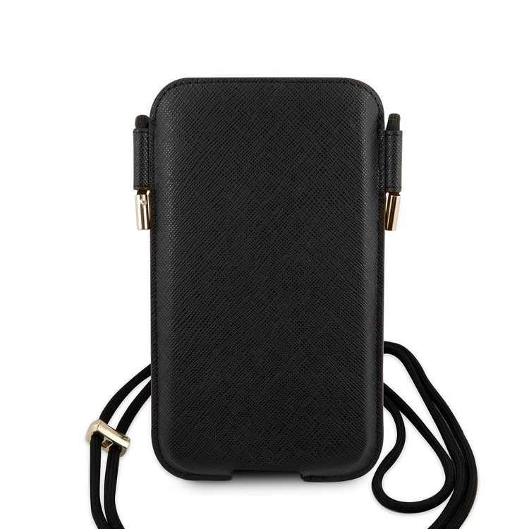 CG MOBILE Guess Saffiano Classic Crossbody Pouch Case with Cord for iPhone 12 / 12 Pro ( 6.1" ) Anti-Fall Necklace, Adjustable Neck Cord Lanyard Strap Officially Licensed Black