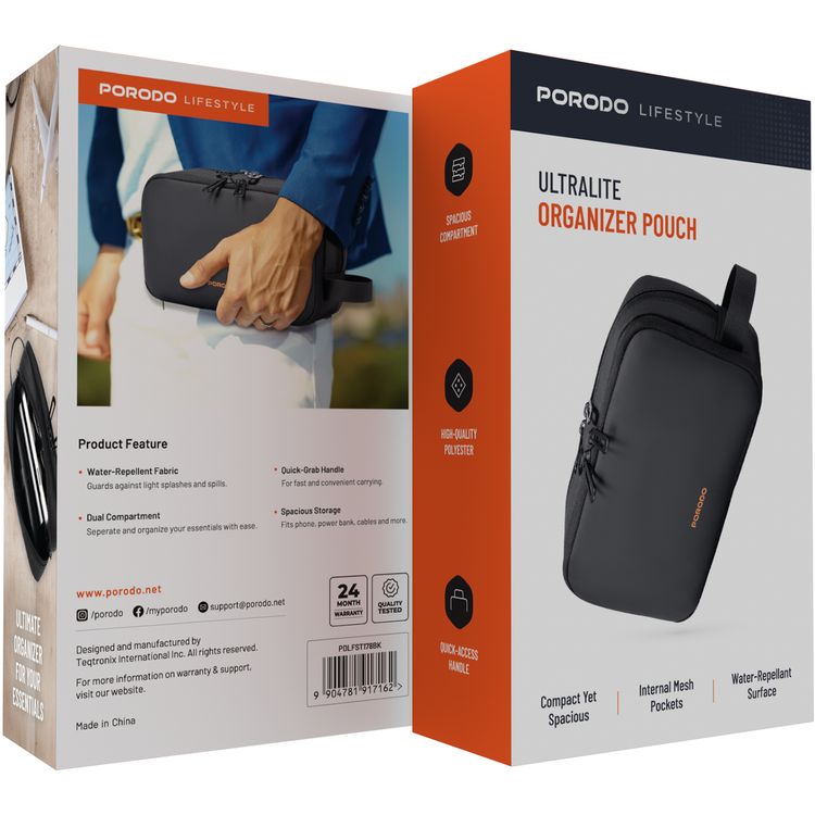 Porodo Ultralite Organizer Pouch with Dual Compartmnts, Zipper Closure, High-Quality Polyester Material, Water-Repellant Surface, Internal Mesh Pockets, Quick-Grab Handle, Compact Design - Black