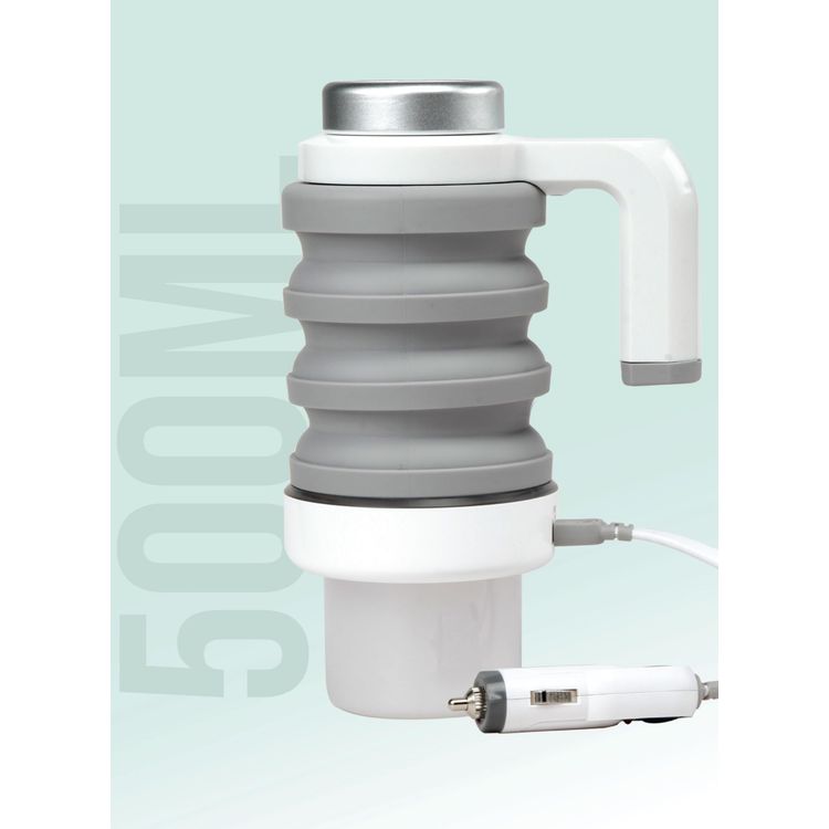 Green Lion Car Folding Electric Kettle with 500mL Bottle Capacity, Food-Grade Silicone + ABS & Stainless Steel Materials, Digital Display, Collapsible Design, Temperature Control - White
