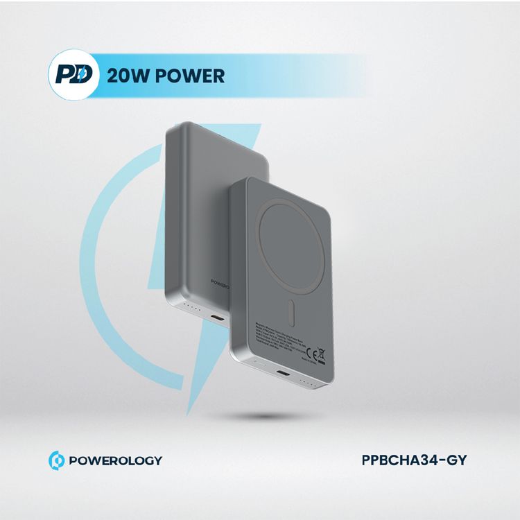 Powerology 10000mAh MagSafe Aluminum Power Bank with Battery Level Indicator, Lightweight & Compact Design, Fast & Simultaneous Charging, Type-C Input & Output, 15W Wireless Output - Gray