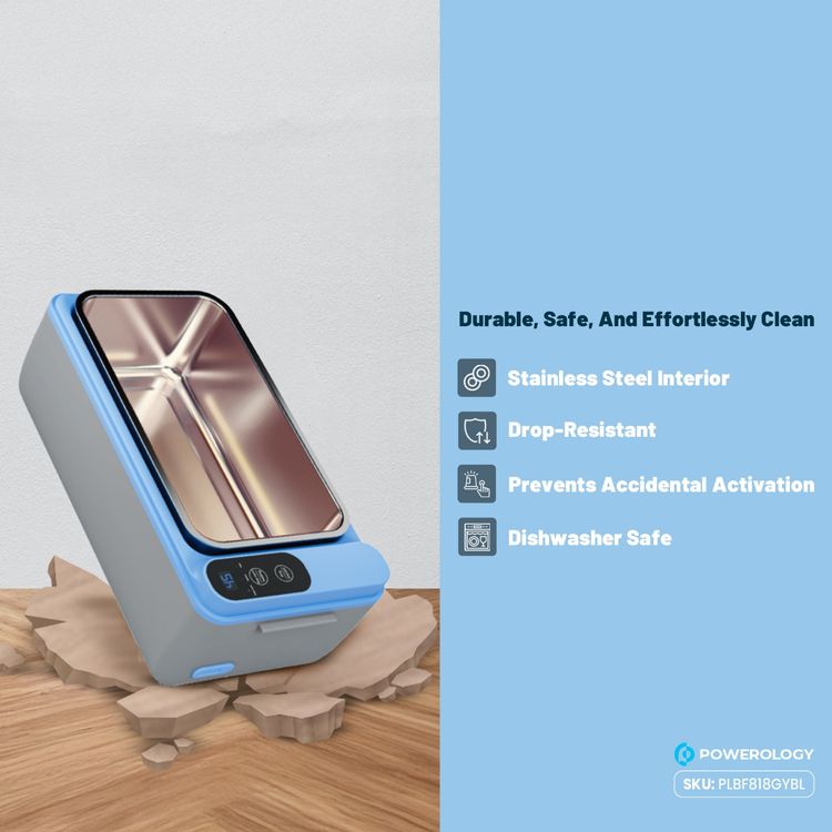 Powerology Lumo Portable Heated Lunch Box 4000mAh Battery, 1L Capacity, Smart Heating, Leakproof Design, Type-C Charging, Freshness Lock for 6 Hours, Insulated Bag – Grey / Blue