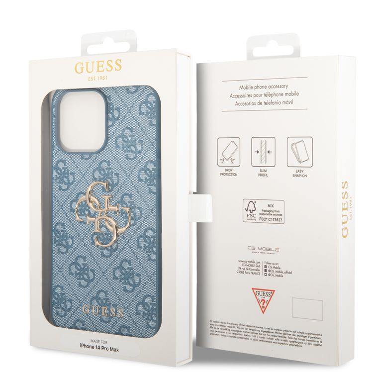 Guess PU Leather 4G Classic and Stylish Case with Big Metal Logo iPhone 14 Pro Max Compatibility - Blue