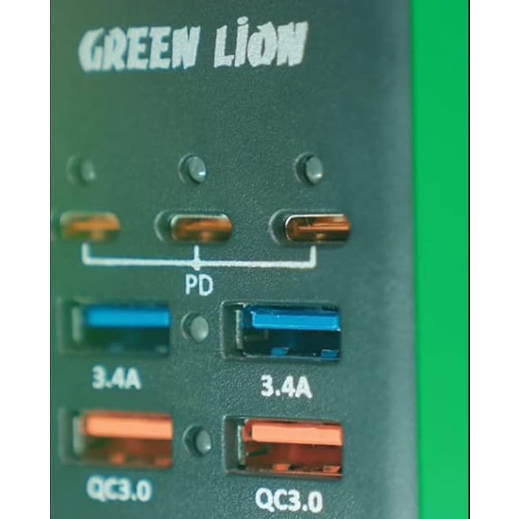 محول طاقة Green Lion Spark 300، 2 مقبس تيار متردد، 3 منافذ PD من النوع C، 4 منافذ USB-A، طاقة قصوى 300 وات، حماية من الجهد العالي - أسود