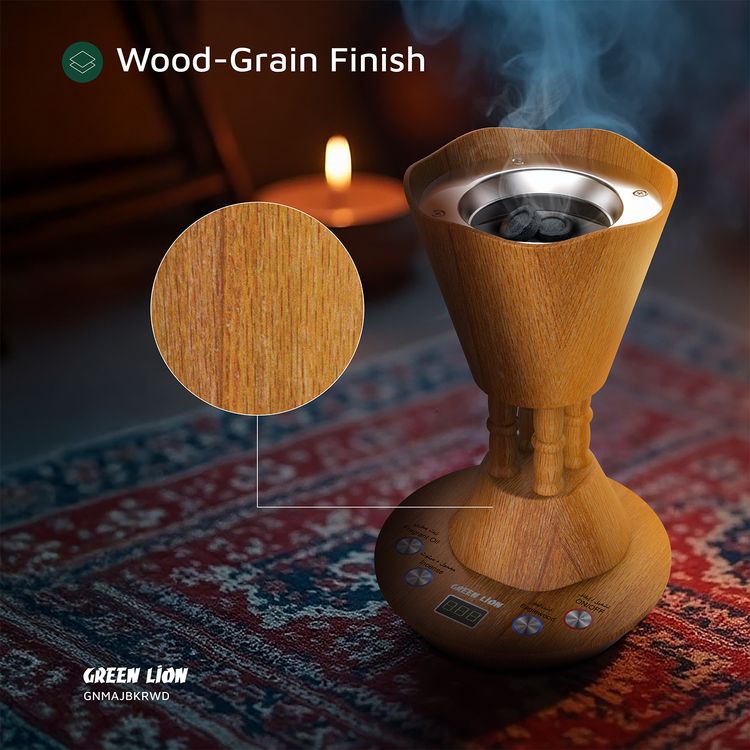 Green Lion Majlis Electric Bakhour Burner with Detachable Base, Digital Display, Countdown Timer, Ceramic Heating Base, Wood-Grain Finish, Safety Cut-Off, 15mL Oil Capacity - Wooden