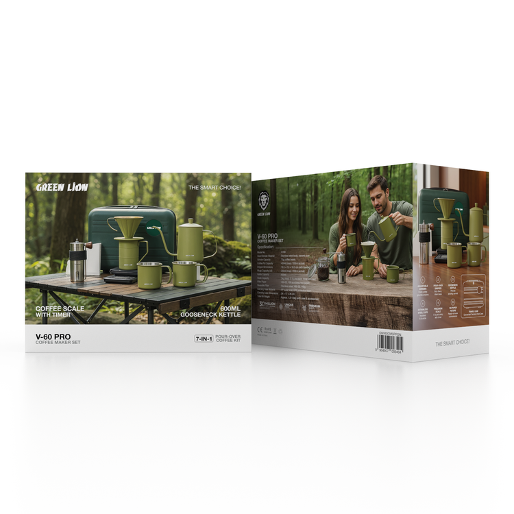 Green Lion V-60 Pro Coffee Maker Set with Gooseneck Kettle, 100 Paper Filters, Precision Scale, Pour-Over Dripper, Adjustable Grinder, 2 Stainless Steel Cups, Travel Case Included - Green