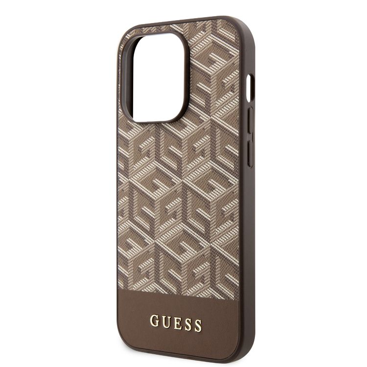 Guess Magsafe Leather Case with Gcube Stripe Pattern - Brown - iPhone 15 Pro