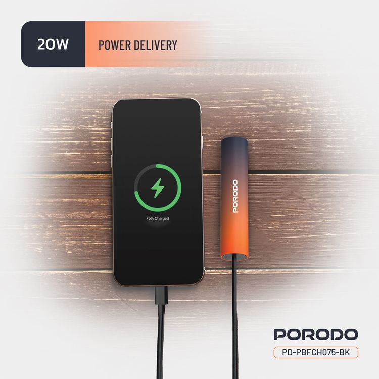 بنك طاقة بورودو PB075 بسعة 5000 مللي أمبير/ساعة مع كابل Type-C مدمج، PD 20 وات، ×2 منفذ Type-C، تصميم محمول، يدعم الشحن السريع - أسود