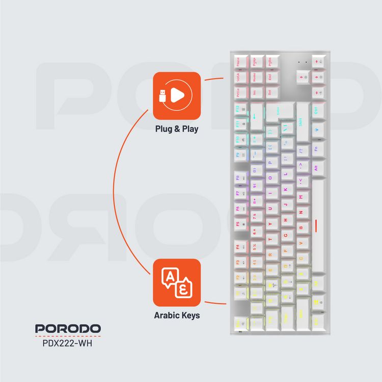 لوحة مفاتيح ميكانيكية من Porodo للألعاب TKL مع 12 وضعًا لإضاءة RGB، و25 مفتاحًا مضادًا للظلال، وعمر افتراضي يصل إلى 50 مليون نقرة، وكابل PVC بطول 1.5 متر، والتوصيل والتشغيل، ومفاتيح باللغة الإنجليزية والعربية - أبيض