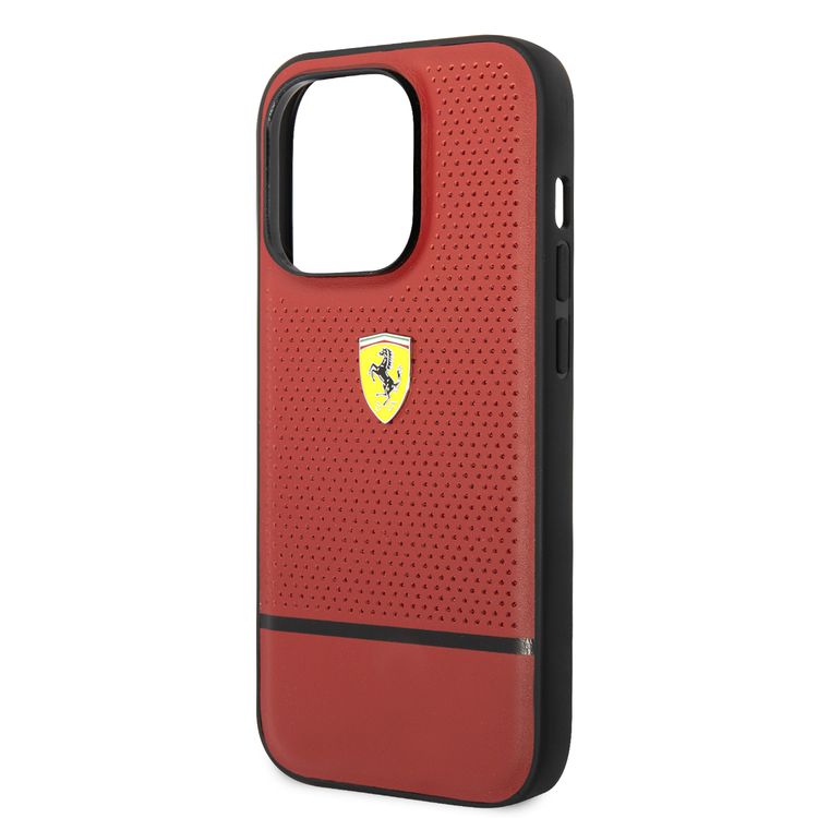 Ferrari Genuine Leather Case Perforated and Bottom Contrasted Line iPhone 14 Pro - Red